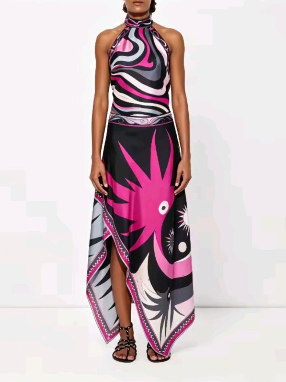 Satin Print Set Halter Backless Top Skirt 2 Piece Set European Fashion Outfit